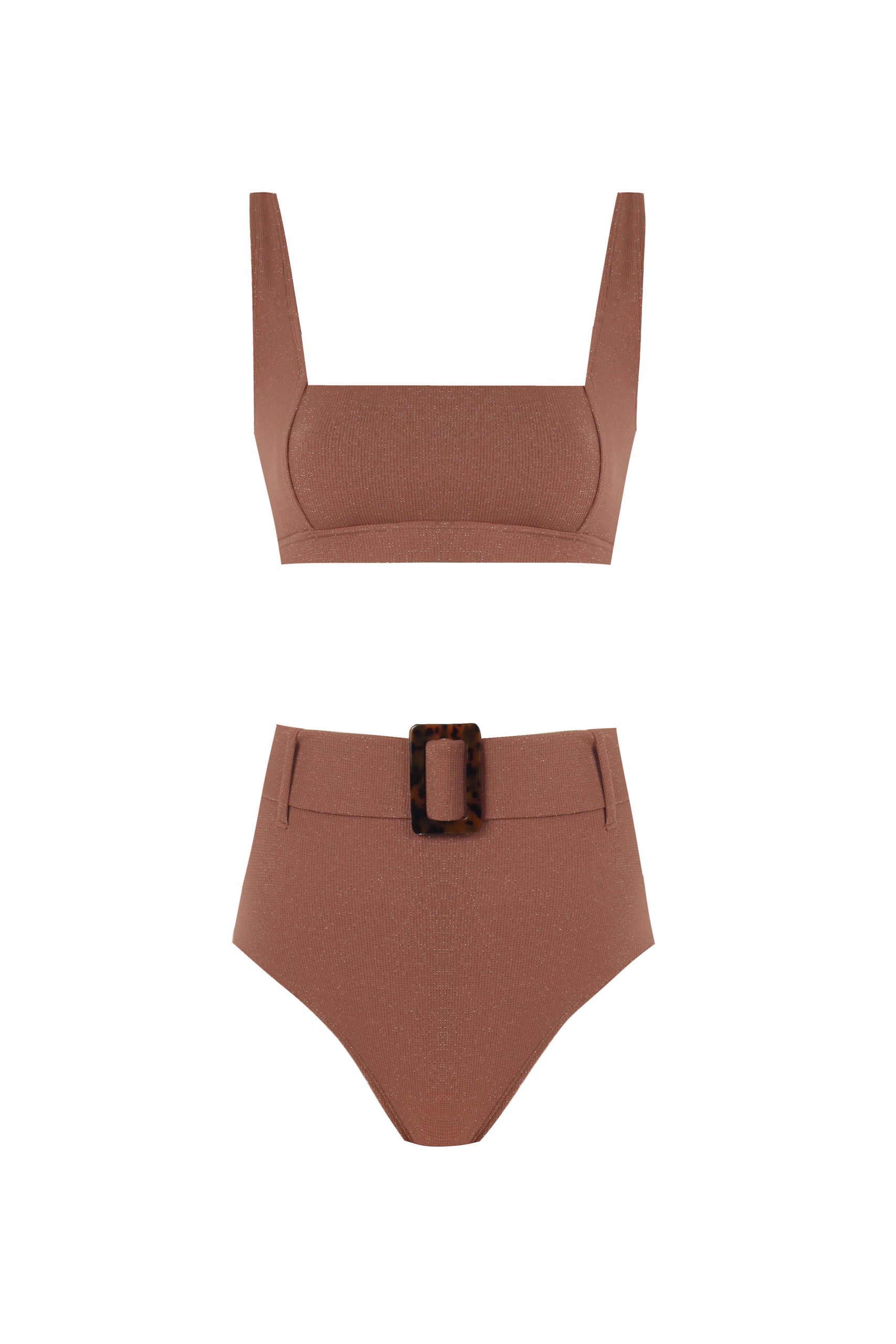Francoise Brown Gold Glitter Textured High Waist Bikini